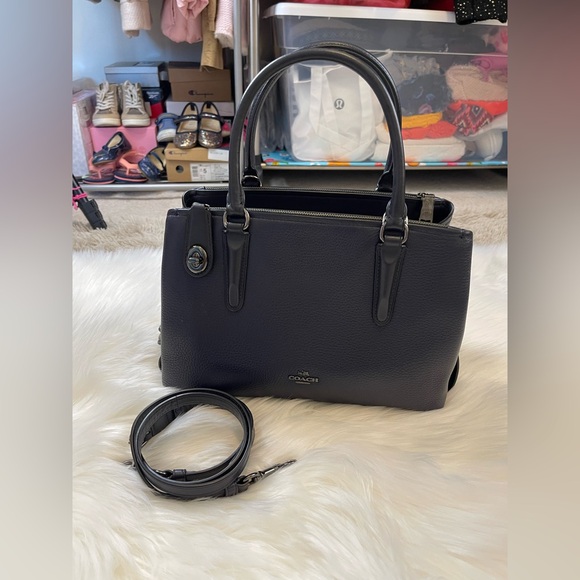 EUC - COACH BROOKLYN 34 CARRYALL HANDBAG Navy Blue Pebbled Leather Large - Picture 2 of 16